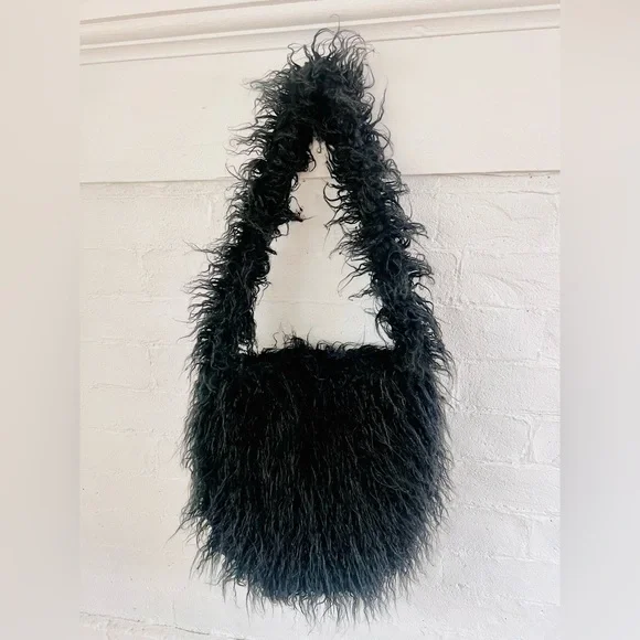 Dolls Kill Widow Faux Fur Bag Black Long Hair Furry Vegan Mongolian Lamb NWOT - Picture 6 of 13
